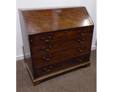 19th century mahogany bureau, fall front enclosing interior fitted with baize lined writing surface and pigeon holes, four gr
