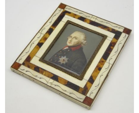 Portrait miniature King Frederick Prussia, signed possibly by Anton Graff 1736 - 1813, in ivory and tortoiseshell frame, imag