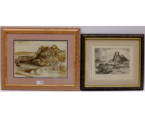John Charles Moody (British 1884-1962): Ludlow Castle, brown wash watercolour unsigned, together with a signed pencil sketch 