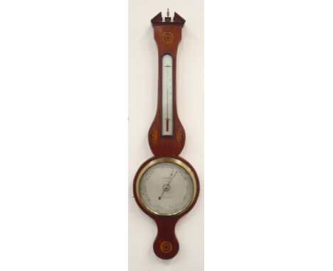 George III mahogany cased banjo barometer with Sheraton style inlays, circle silvered dial with engraved detail signed 'I. Ve