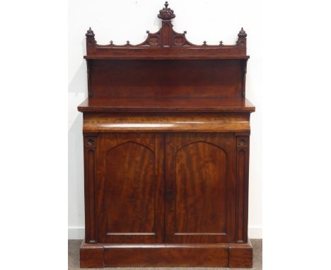 19th century mahogany Gothic Revival side board chiffonier, raised shelf back with shaped cresting on pierced scroll supports