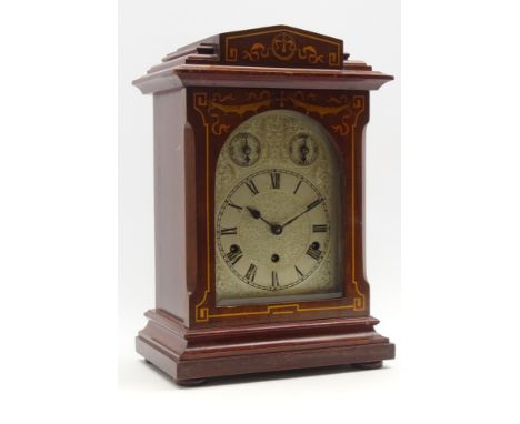 Edwardian inlaid mahogany cased mantel clock, silvered Roman dial engraved with scrolled foliage, with slow/fast and chime/si