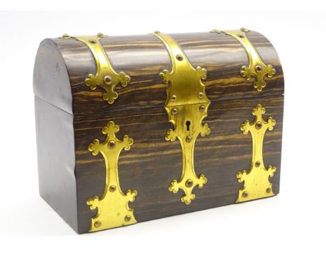 Victorian coromandel dome top tea caddy with brass strap work decoration, the interior with 2 covered containers for 'Green' 