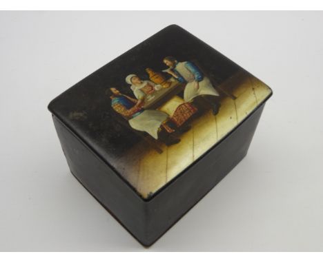 Russian lacquer tea caddy, the hinged cover decorated with figures drinking tea at a table H7cm x W10cm Condition Report & Fu