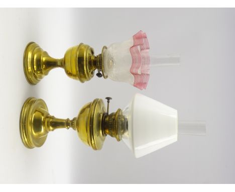 Brass oil lamp  with ribbed and etched glass shade H40cm and another brass lamp Condition Report & Further Details The etched