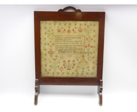 Early Victorian needlework sampler by Elizebeth Holmes with verse, flowers and birds and inscribed Skipton 1840 48cm square a