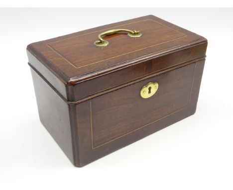 Early 19th Century mahogany tea caddy inlaid with boxwood stringing, brass handle and key plate 24cm x 14cm x 14cm Condition 