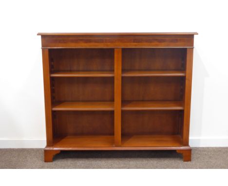 Quality 20th century walnut and herringbone inlaid bookcase, cross banded moulded top above burr and cross banded frieze, fou