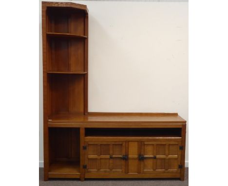 Peter 'Rabbitman' Heap Yorkshire oak side cabinet, raised corner with two bow front shelves, rectangular adzed top above encl