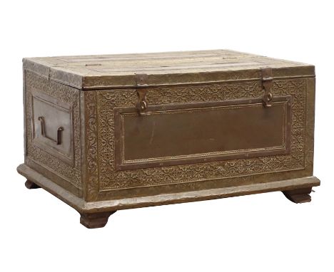 Middle Eastern brass covered hardwood box with hinged half lid, decorated in relief with scrolled leafage and foliage, angula