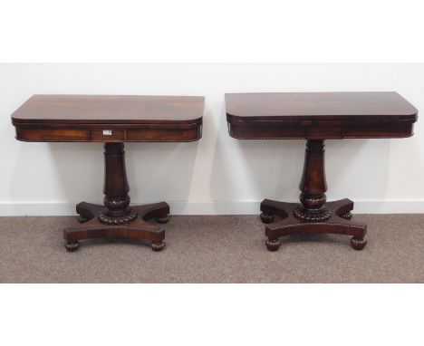 Two George IV rosewood card tables, hinged revolving top enclosing baize lined surface, beaded frieze above turned column sup