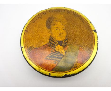 Early 19th Century papier mache circular snuff box, the cover transfer printed with a portrait of George IV, crowned 19th Jul