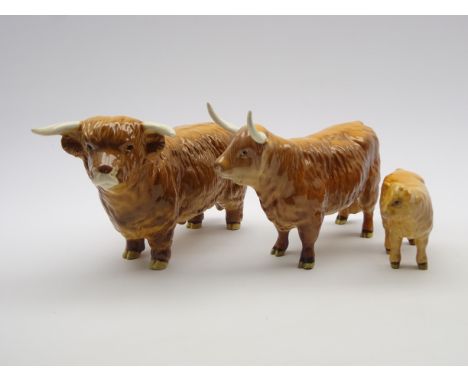 Beswick model of a Highland Bull No. 2008, Highland Cow No. 1740 and a Highland Calf No. 1827D Condition Report & Further Det