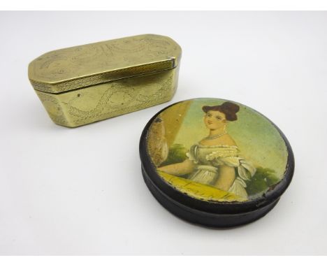 19th Century papier mache circular snuff box, the cover painted with a portrait of Queen Victoria D8.5cm and an early 18th Ce