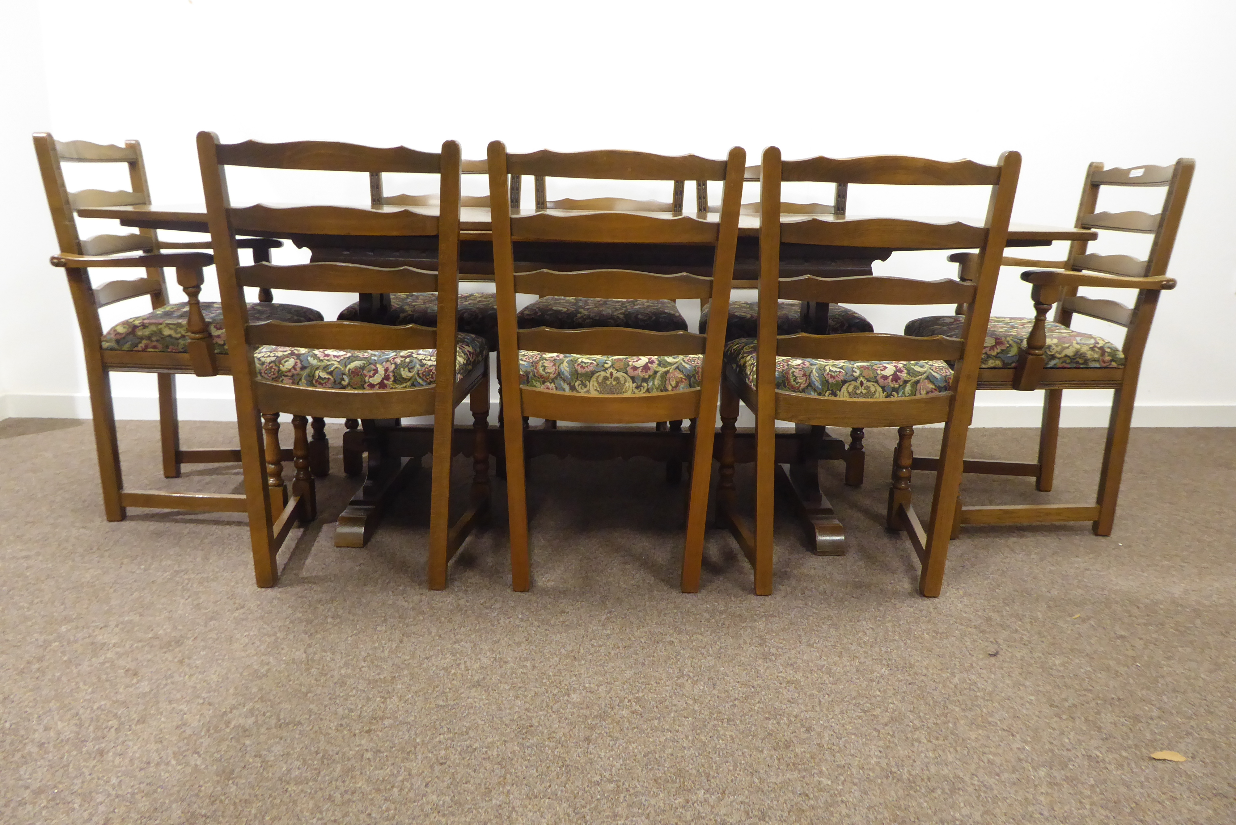 20th century oak refectory style dining table, pull out leaves, pierced