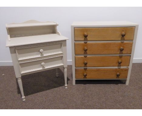 Painted pine four drawer chest on stile feet, (W75cm) together with a painted two drawer lamp side table, raised open shelf, 