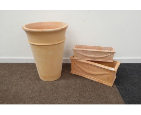 Set three cylindrical tapered graduating terracotta planters, (W50cm) together with two graduating trough shaped planters, (W