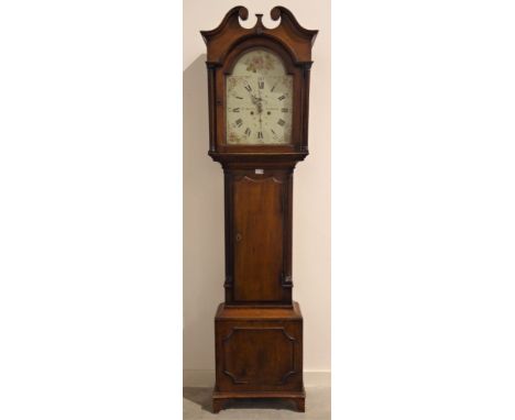 George III oak longcase clock, swan neck pediment supported by fluted pilasters, dentil decoration over quarter round fluted 