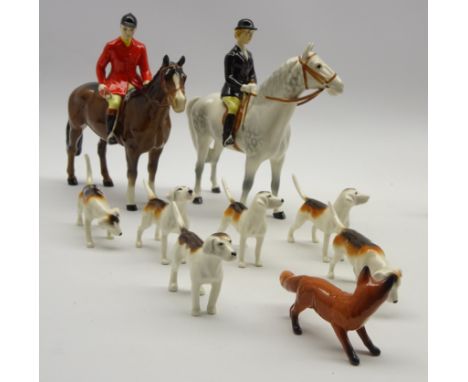 Beswick pottery 9 piece hunting group comprising Huntswoman on grey horse No. 1730, Huntsman on brown horse No. 1501, 6 hound