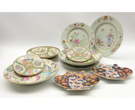 Two Cantonese shallow bowls decorated in coloured enamels D25cm, various other Chinese plates and 2 Japanese plates  Conditio