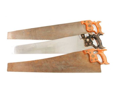 A little used stainless steel saw by MARPLES, rip saw by THOS TURNER and a DISSTON saw with finger hole handle but light rust