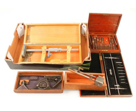 Five engineers boxed tools: trammel, height gauge, scribing block, combination square etc