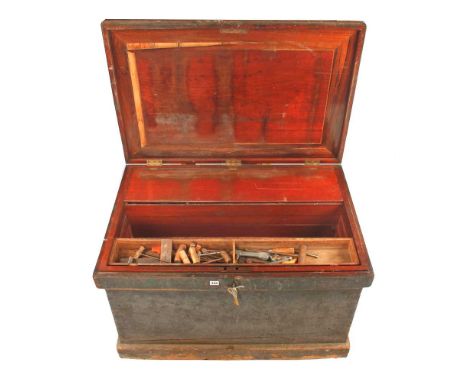 A joiners pine chest 38" x 26" x 24" with 5 sliding trays with tools including moulding planes, chisels, saws, gauges etc ven