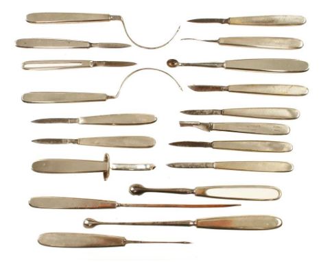 A selection of 19 surgical tools with German silver handles some pitting to a few blades G