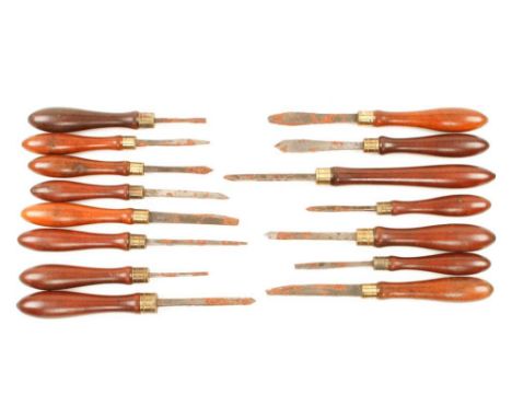 A set of 15 ornamental turning tools by H&D with rosewood handles and brass ferrules. Blades rusty for restoration G- 