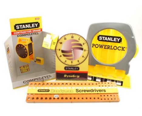 Four STANLEY shop counter advertising/display stands inc Powerlock tapes, Compulevel, screwdriver shelf and Dyna Grip clock G