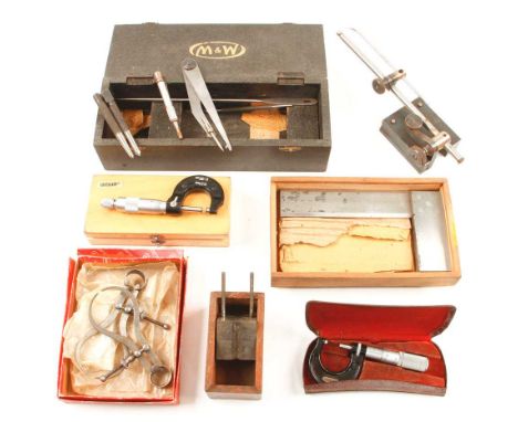 Six engineers boxed tools, micrometers, scribing block, square etc G