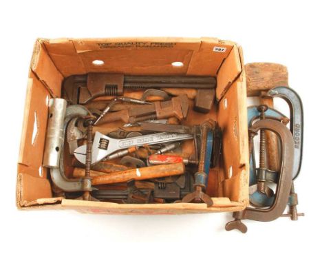 A quantity of large G cramps, wrenches and other tools 