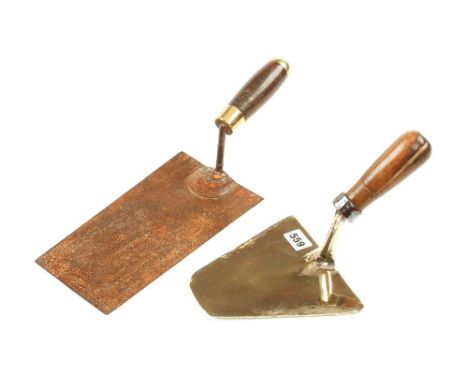 A French masons brass trowel with hardwood handle and another in steel G++
