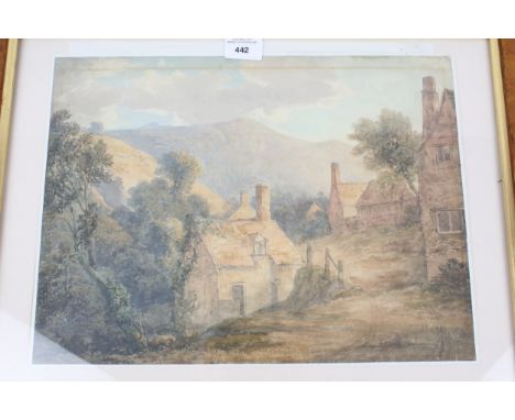 John Glover (1767-1849) RBA, watercolour, A Northern Landscape. With stone village (some timber framed) and mountain to backg