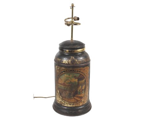 A mid-19th century Barnall & Sons Ltd large lidded tea tin later converted into a lamp. The tin painted and gilt with a Chine