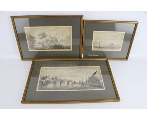 Jagmens Haat Der Medert, 18th century Dutch school, three grey scale watercolours. 'Avenehorn 1789', 'Het Dorp Bruinisje' and