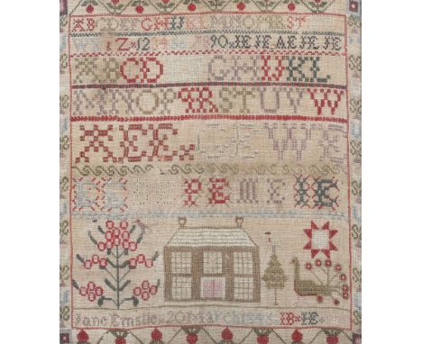 A 19th century needlework sampler, 'Jane Emslie 20th March 1845'. Sewn with a house, peacock, birds and plants, etc. 43cm x 3