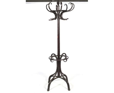 A mid-late 20th century stained wood hallstand. Of gathered column form with eight bentwood hat and coat hooks, and umbrella/