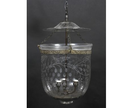 A late 20th century French glass pendant ceiling lamp. Formed as a converted gas lamp with inverted cloche bell-like pendant 