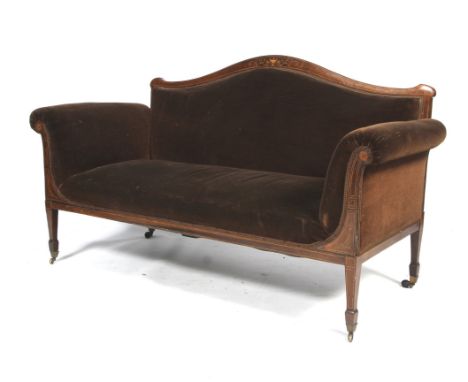 An Edwardian Sheraton Revival inlaid sofa. With satinwood and strung inlaid rosewood frame and brown velvet sprung upholstery