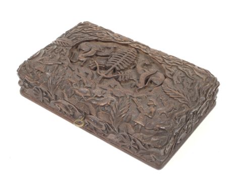 A Folk Art style, deeply carved rectangular wood box depicting a hunting scene. Decorated with a central recessed scene of a 