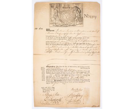 Fire insurance.- Sun Fire Office Policy certificate for a thatched house in Burton, engraved vignette at head featuring a fir