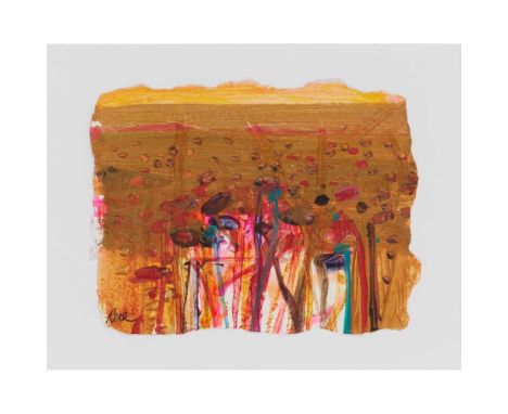 § BARBARA RAE C.B.E., R.A., R.S.A., R.E. (SCOTTISH 1943-) SUNFLOWERS - GOLD Signed lower left, mixed media on paperDimensions