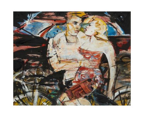§ PETER MCLAREN (SCOTTISH 1964-) FIGURES WITH RED CAR (BLACK SKY) - 1987 Signed and dated lower right, titled to artist's lab