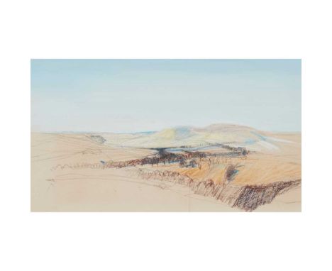 § JAMES MORRISON R.S.A., R.S.W., L.L.D. (SCOTTISH 1932-2020) MONTROSE LANDSCAPE STUDY With artist's label verso, mixed media 