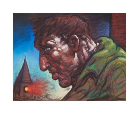 § PETER HOWSON O.B.E. (SCOTTISH 1958-) GLASGOW FIGURE Signed lower left, pastel on brown paperDimensions:22cm x 29cm (8.75in 