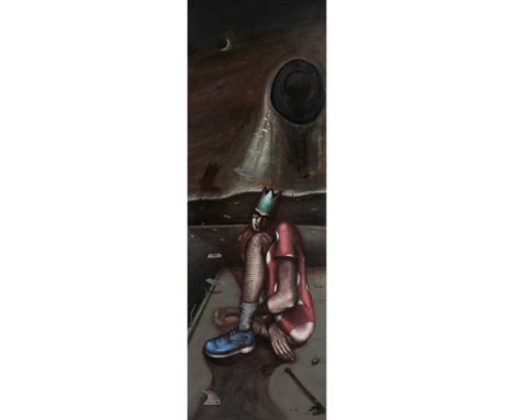 § CHRIS GOLLON (BRITISH 1953-2017) FIGURE WITH KEY - 1996 Signed lower right, mixed media on boardDimensions:180cm x 60cm (71