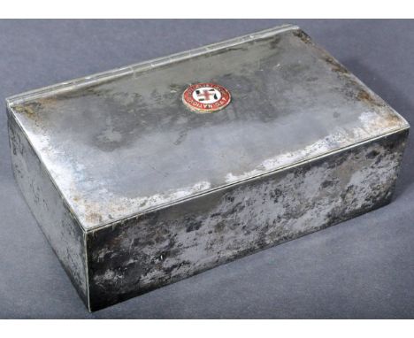 A pre WWII Second World War Third Reich Nazi German DAP German Workers Party pewter cigarette tin / box. The hinged lid havin