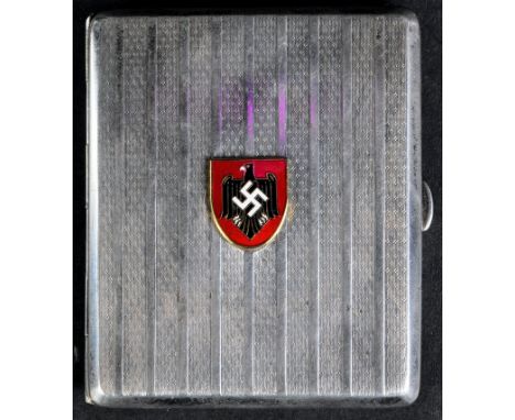 A WWII Second World War interest Third Reich Nazi German 935 stamped silver cigarette case. Eagle and Swastika enamel badge t