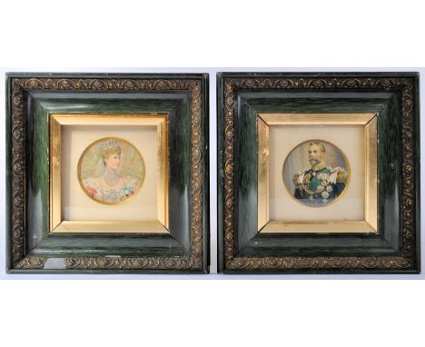 Two 19th Century framed portrait prints of King George V and Queen Mary. The King in ceremonial uniform with medals and the Q